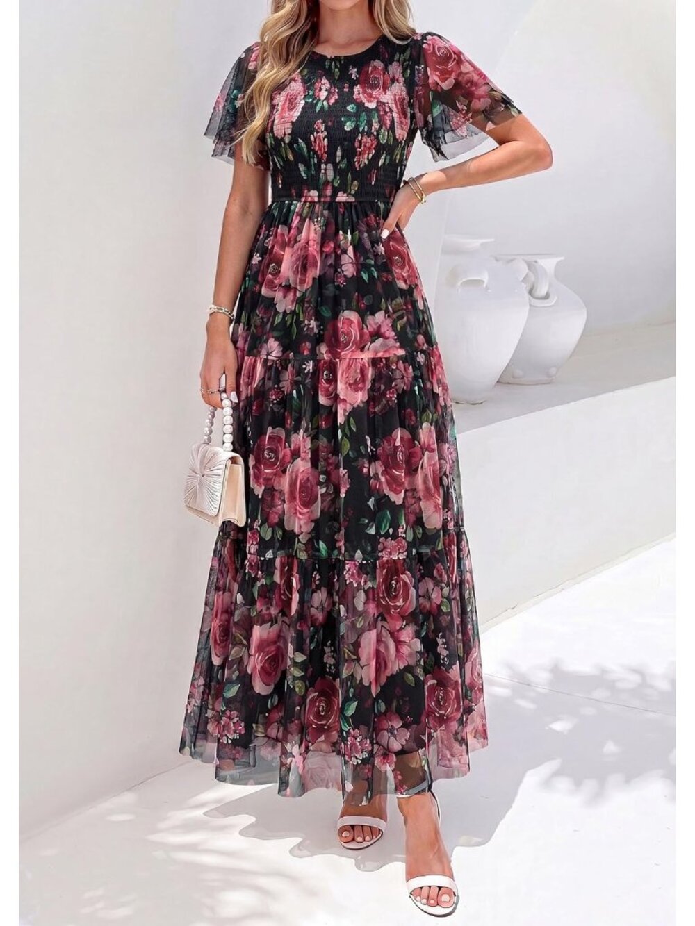〽️Black Boho Floral Maxi Dress Women’s Flutter Sleeve Smocked Tiered A Line - Picture 3 of 6